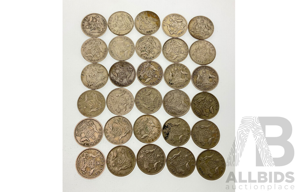 Thirty Australian KGVI/QE2 Silver Sixpence, Examples Spanning 1950 to 1959  .500