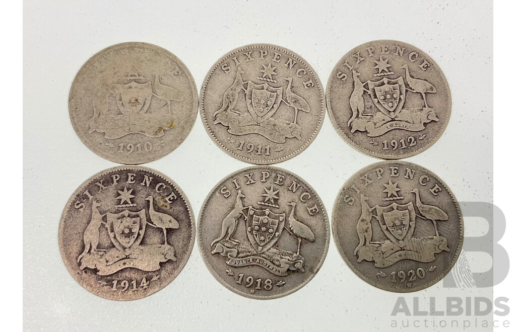 Six Australian Silver Sixpence Including 1910, 1911, 1912, 1914, 1918M, 1920M .925