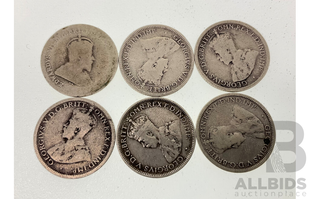 Six Australian Silver Sixpence Including 1910, 1911, 1912, 1914, 1918M, 1920M .925