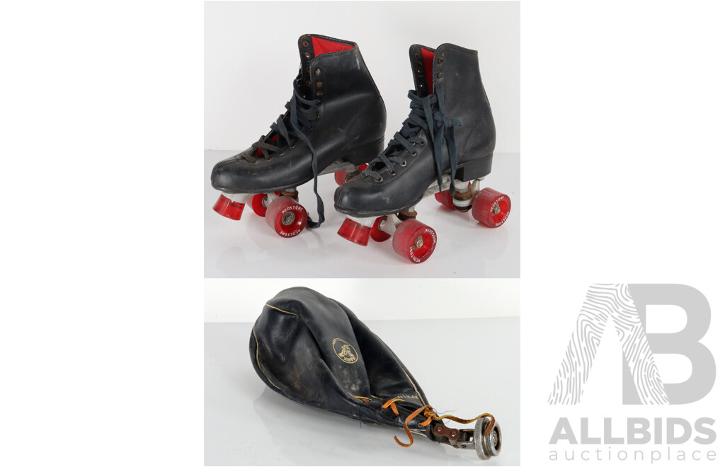 Pair of Vintage Redstone Rollerskates and Leather Speed Ball