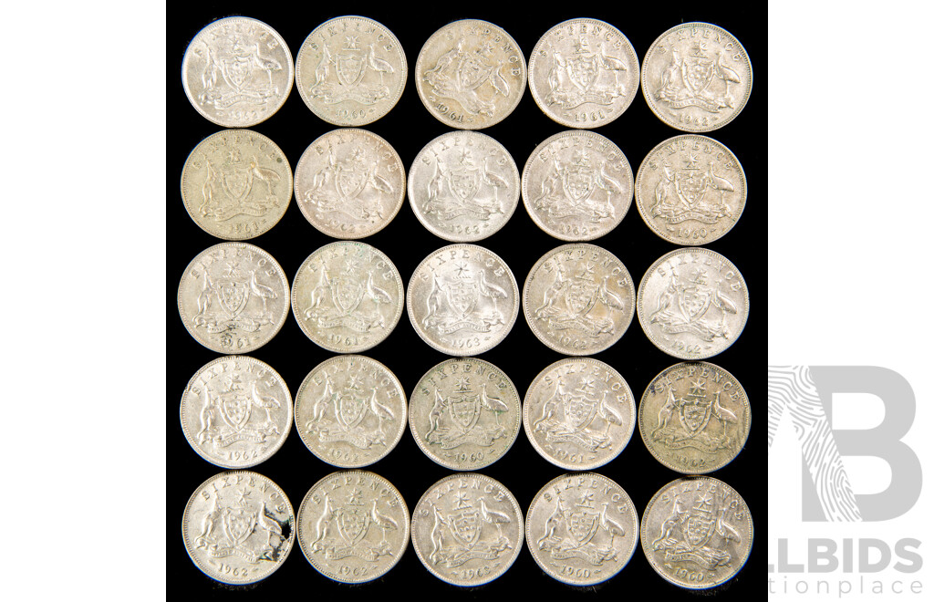 Twenty Five Australian QE2 Silver Sixpence, Examples Spanning 1960 to 1963  .500
