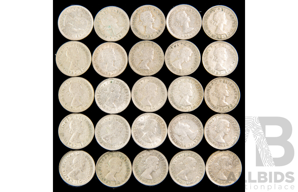 Twenty Five Australian QE2 Silver Sixpence, Examples Spanning 1960 to 1963  .500