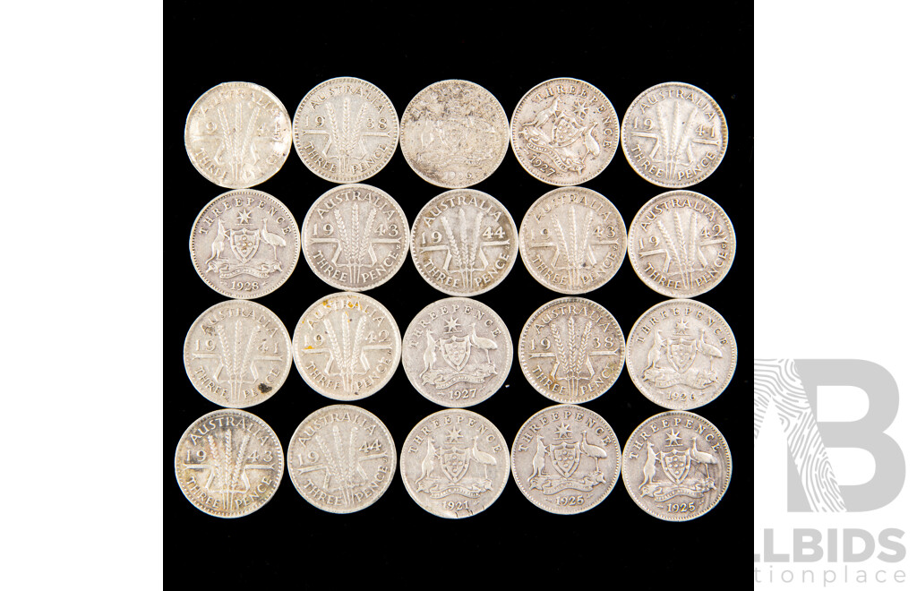 Twenty Australian KGV, KGVI Silver Threepence, Examples Spanning 1921 to 1944  .925