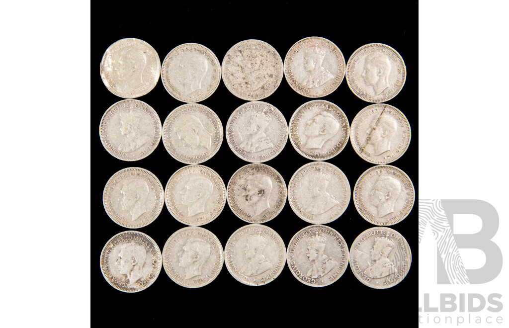 Twenty Australian KGV, KGVI Silver Threepence, Examples Spanning 1921 to 1944  .925