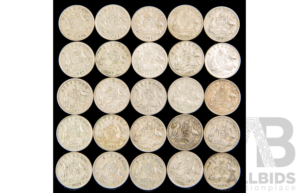 Twenty Five Australian KGVI, QE2 Silver Sixpence, Examples Spanning 1951 to 1959  .500