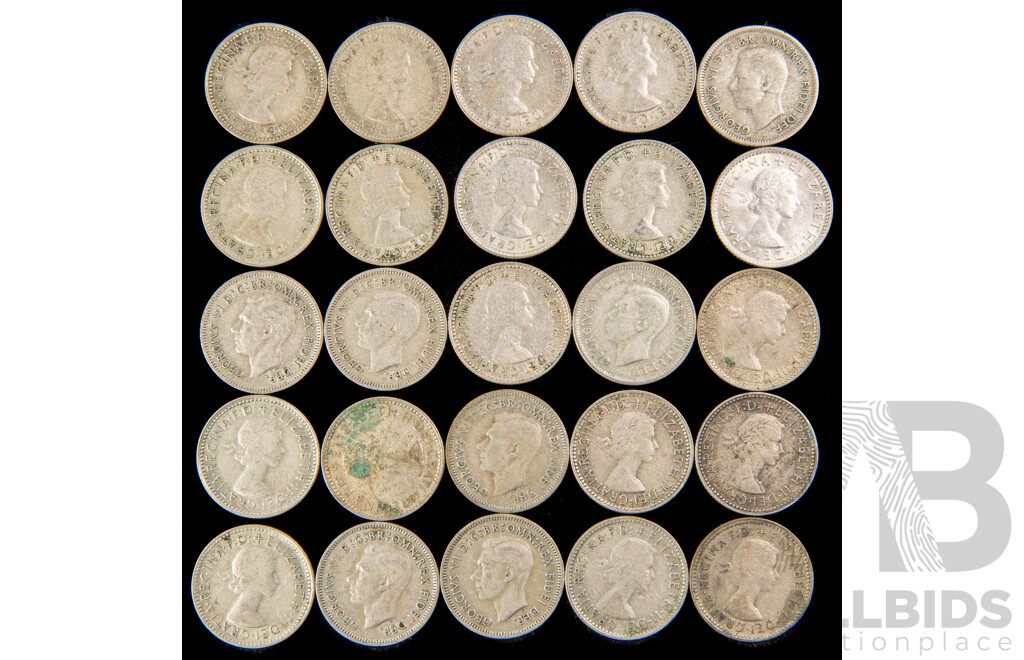Twenty Five Australian KGVI, QE2 Silver Sixpence, Examples Spanning 1951 to 1959  .500