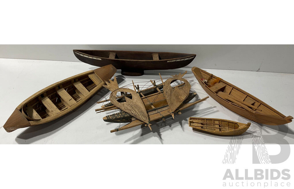 Collection of Small Handcrafted Wooden Boats and Rafts - Lot of 5