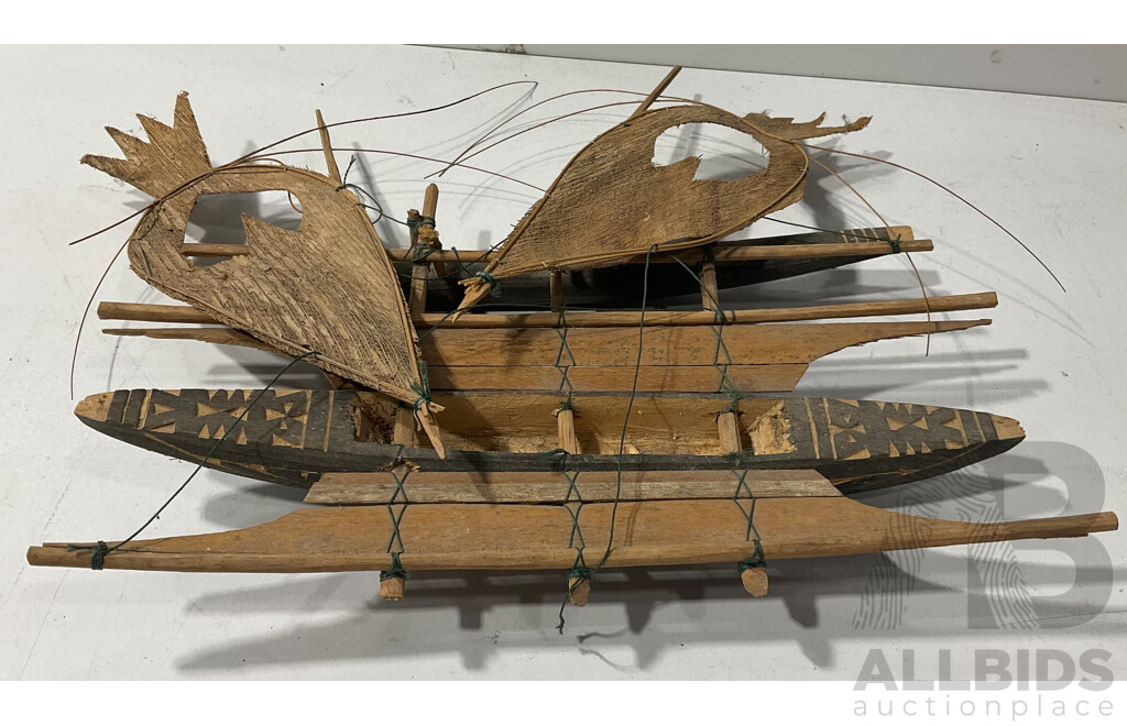 Collection of Small Handcrafted Wooden Boats and Rafts - Lot of 5