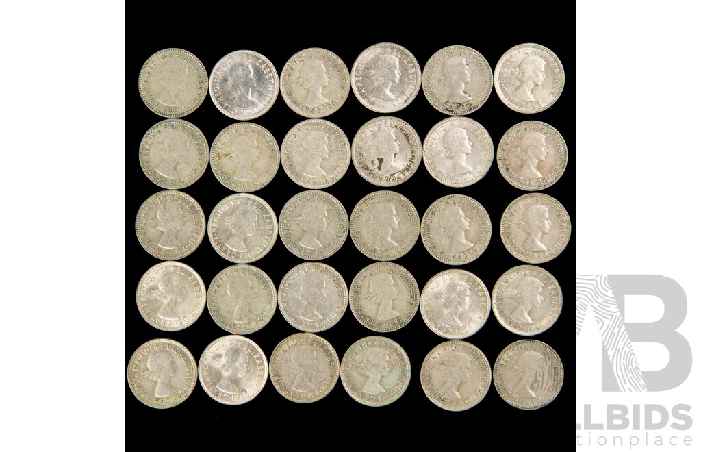 Thirty Australian QE2 Silver Sixpence, Examples Spanning 1954 to 1963  .500