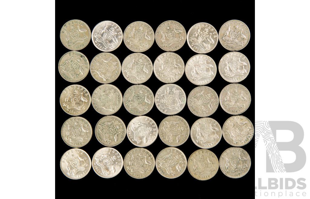 Thirty Australian QE2 Silver Sixpence, Examples Spanning 1954 to 1963  .500