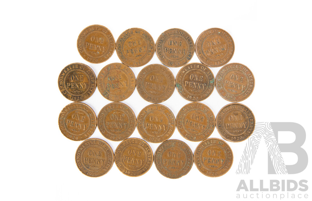 Eighteen Australian KGV 1920 Pennies Including Dot Below Scroll Example