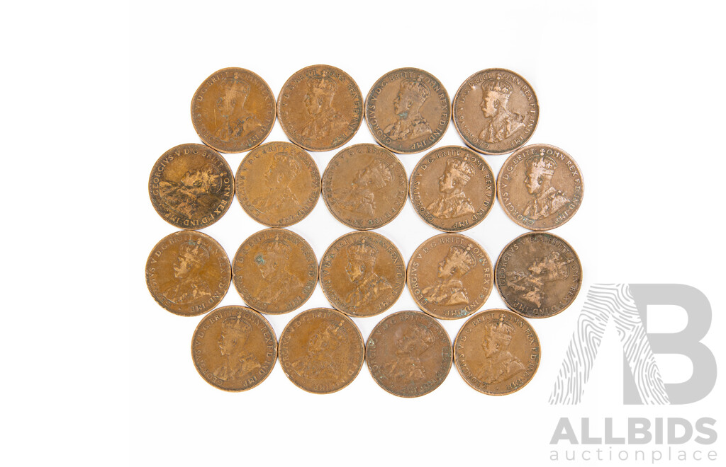 Eighteen Australian KGV 1920 Pennies Including Dot Below Scroll Example