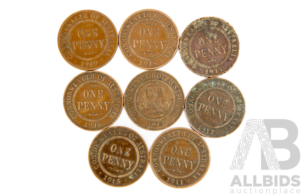 Australian KGV Pennies Consecutive 1911, 1912, 1913, 1915, 1916, 1917, 1918, 1919