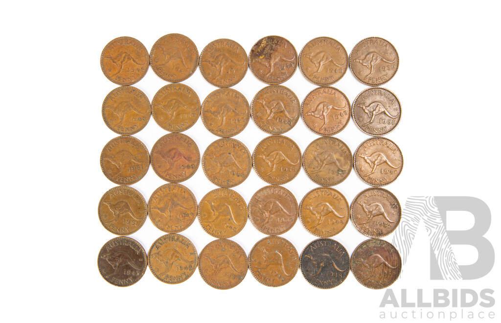 Thirty Australian KGVI Pennies, Example Spanning 1938 to 1952