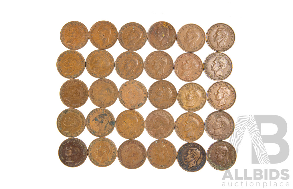 Thirty Australian KGVI Pennies, Example Spanning 1938 to 1952