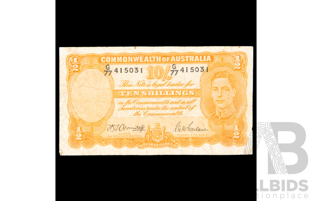Australian 1942 Ten Shilling Note, Armitage/McFarlane R13  G77 415031