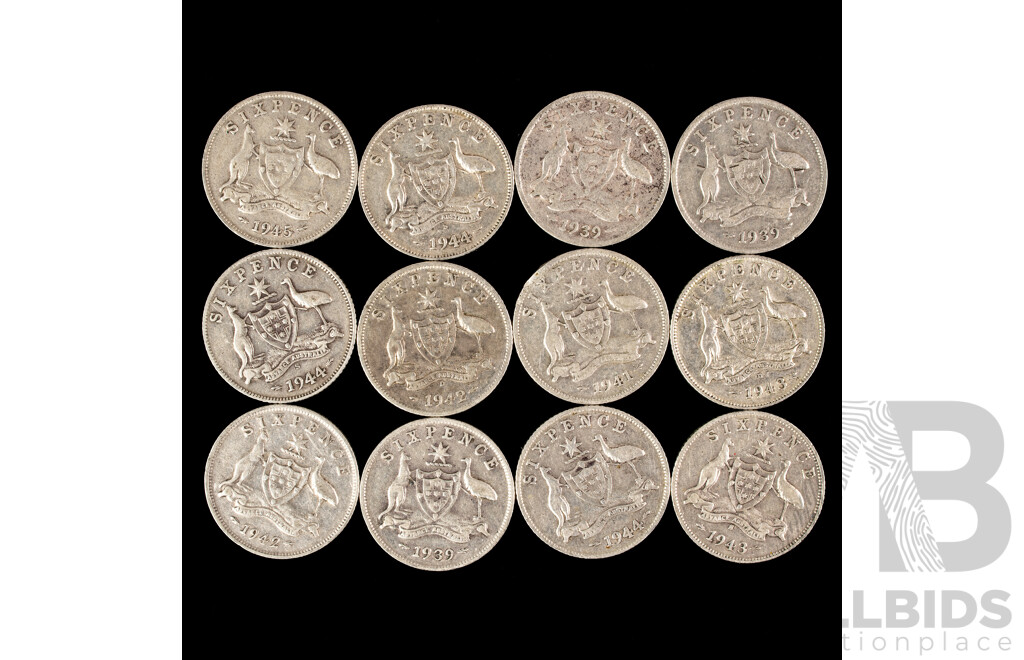 Twelve Australian KGV Sixpence Including 1939(3), 1941, 1942,  1942D, 1943S, 1943D, 1944S, 1944(2) 1945  .925