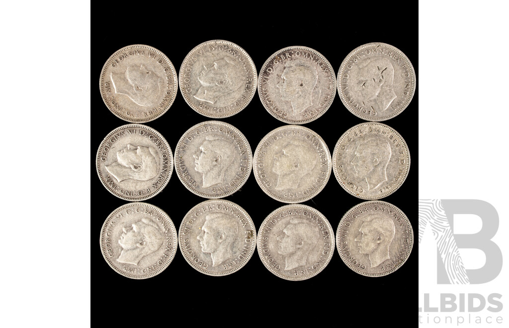 Twelve Australian KGV Sixpence Including 1939(3), 1941, 1942,  1942D, 1943S, 1943D, 1944S, 1944(2) 1945  .925