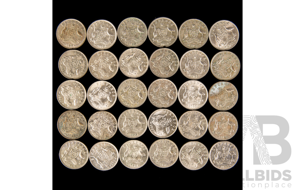 Thirty Australian QE2 Silver Sixpence, Examples Spanning 1955 to 1963 .500