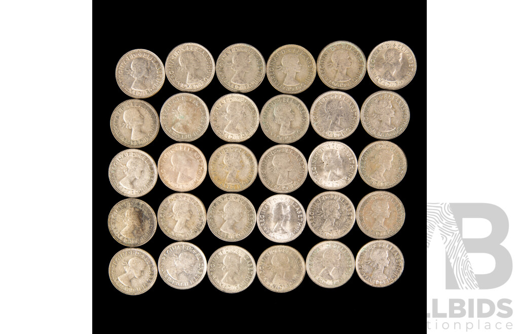 Thirty Australian QE2 Silver Sixpence, Examples Spanning 1955 to 1963 .500