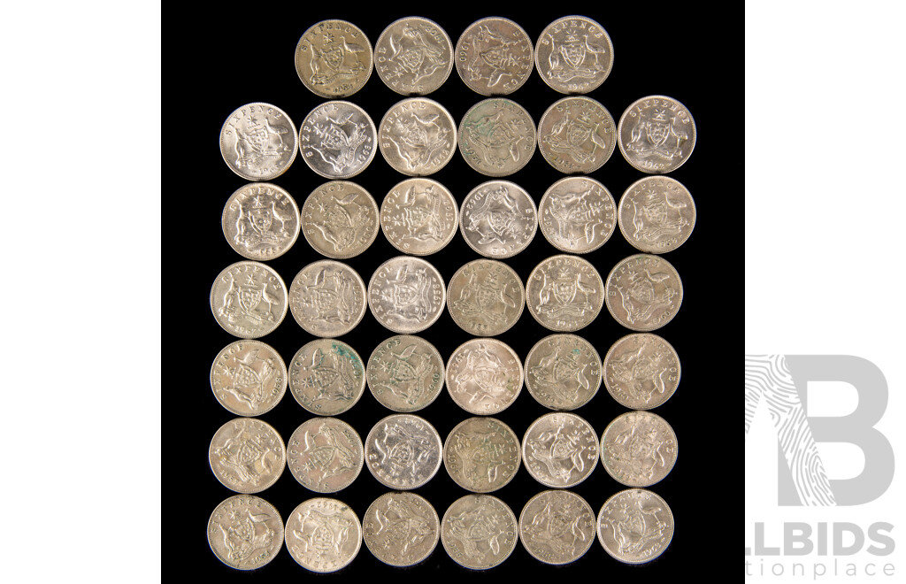 Forty Australian QE2 Silver Sixpence, Examples Spanning 1954 to 1963 .500