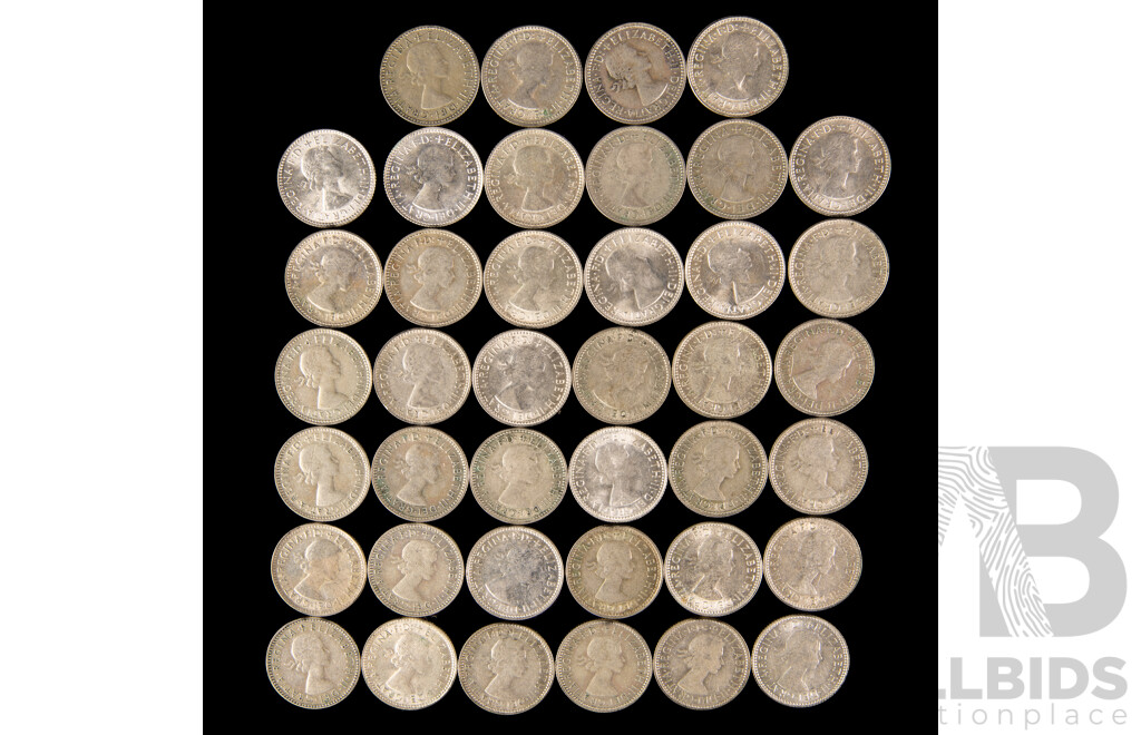 Forty Australian QE2 Silver Sixpence, Examples Spanning 1954 to 1963 .500