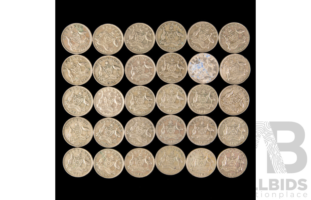 Thirty Australian KGVI Silver Sixpence, Examples Spanning 1946 to 1952 .500
