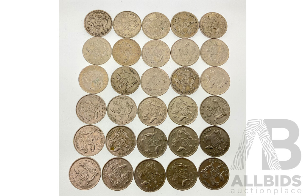 Thirty Australian KGVI/QE2 Slver Sixpence, Examples Spanning 1946 to 1963  .500