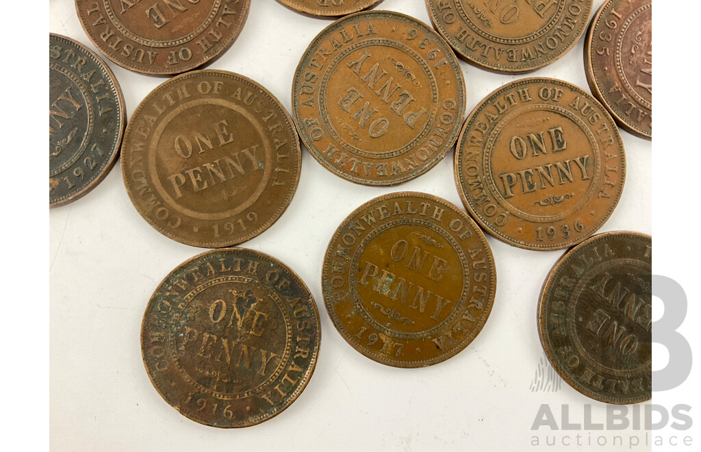 Thirty Australian KGV Pennies Including 1911, 1912, 1916I, 1917I,