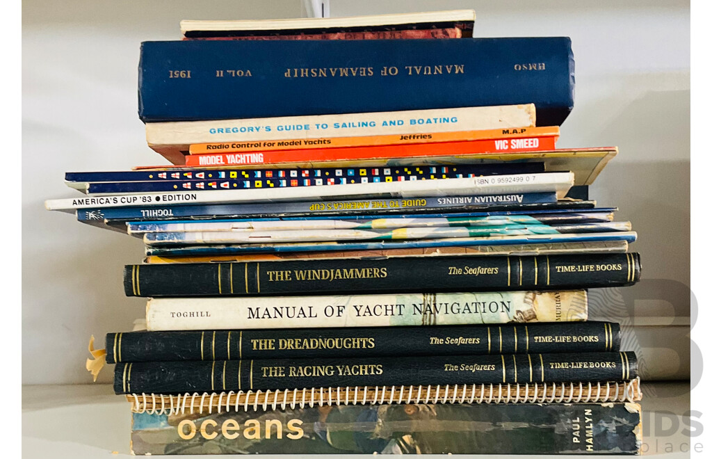 Collection Books and Magazines Relating to Sailing, Navigation, Model Pond Yachts and the Americas Cup Including Large Photograph of Australia II