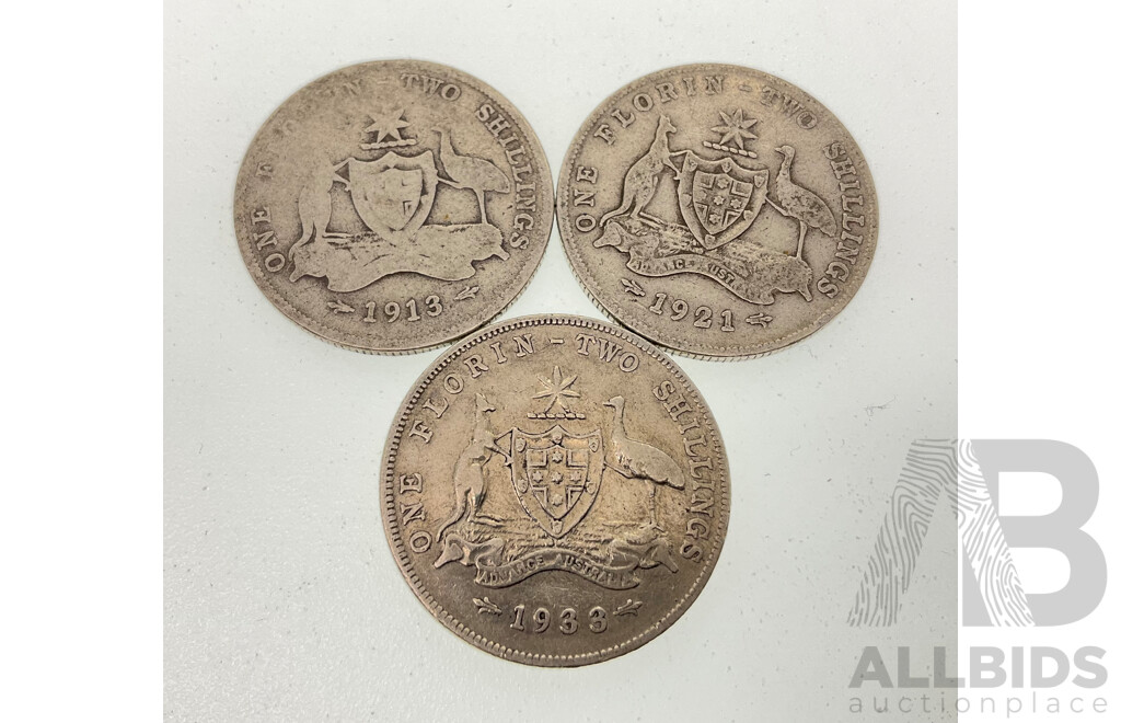 Three Australian KGV Silver Florins, 1913, 1921, 1933  .925
