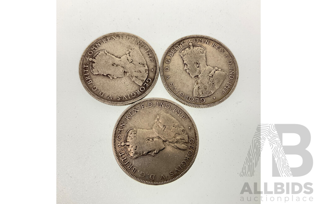 Three Australian KGV Silver Florins, 1913, 1921, 1933  .925