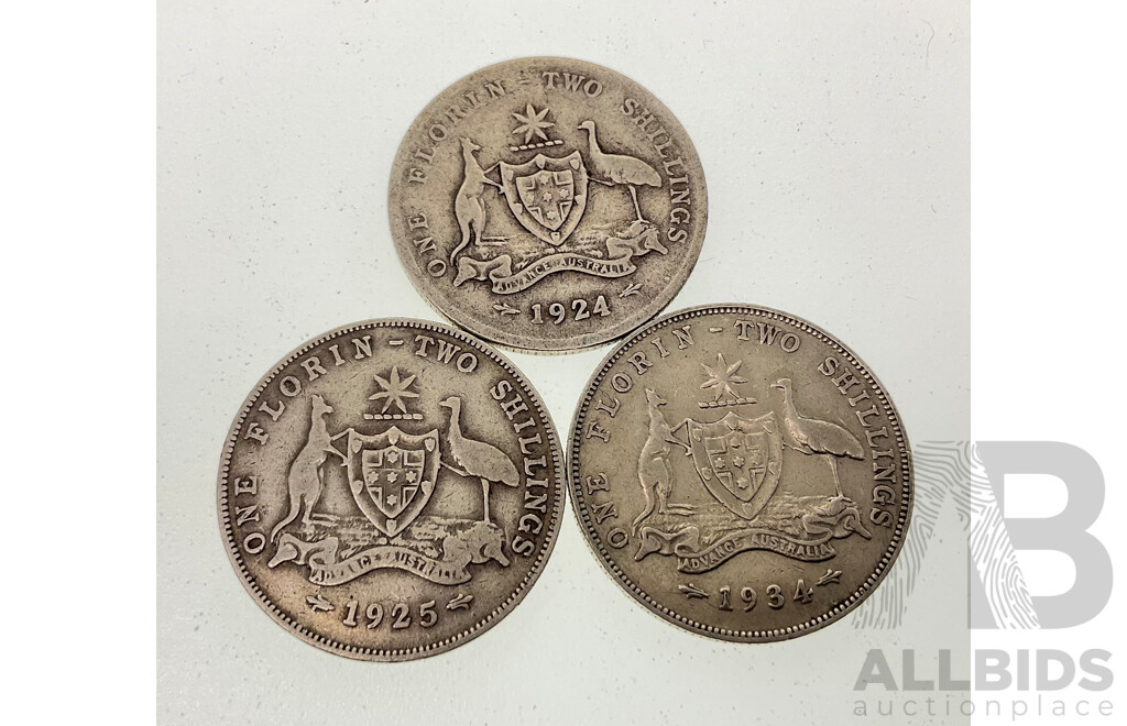 Three Australian KGV Silver Florins, 1924, 1925, 1934  .925