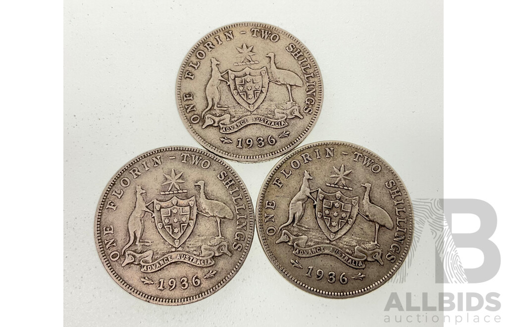 Three Australian 1936 KGV Silver Florins  .925