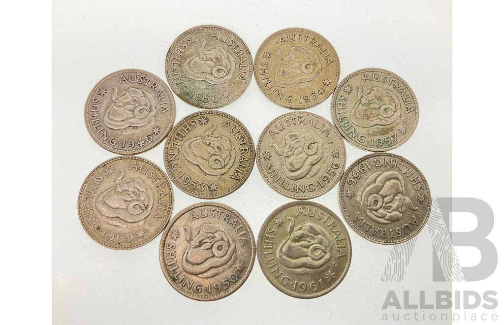 Ten Australian KGVI/QE2 Silver Shillings Spanning Years 1946 to 1962  .500