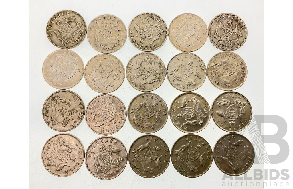 Twenty Australian KGVI/QE2 Silver Sixpence Spanning Years 1946 to 1963 .500