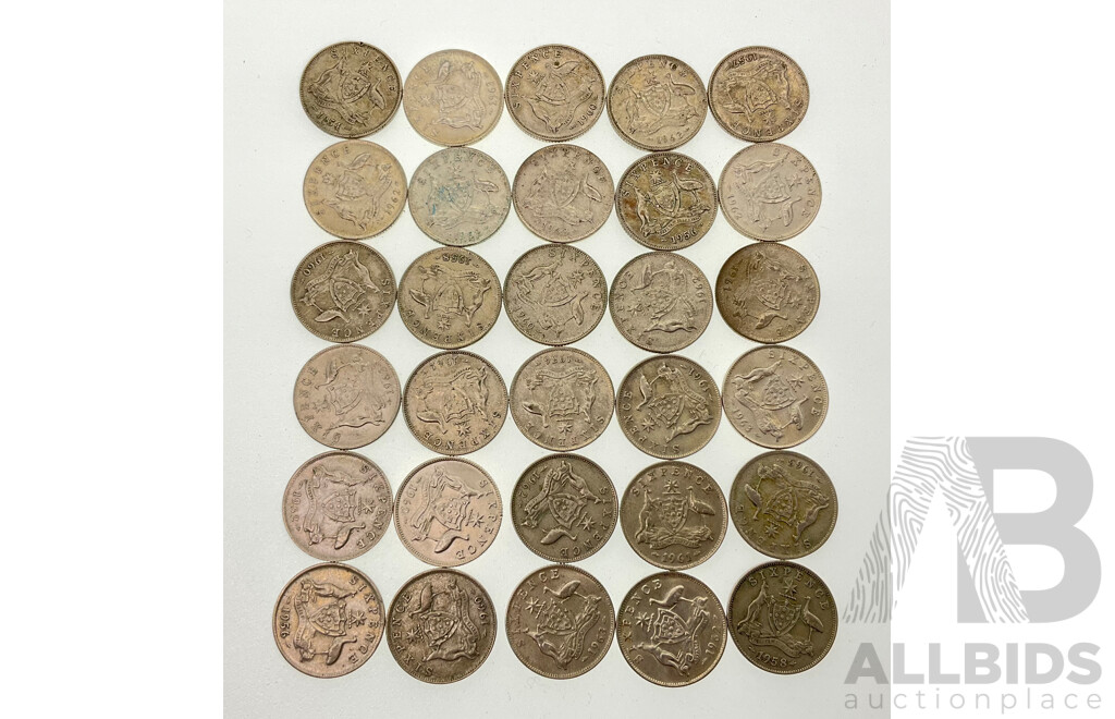 Thirty Australian QE2 Silver Sixpence, Examples Spanning Years 1954 to 1963 .500