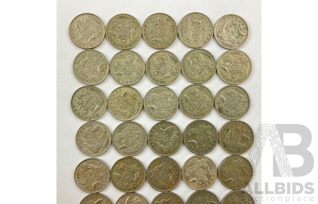 Forty Australian KGVI/QE2 Silver Sixpence, Examples Spanning 1950 to 1962  .500