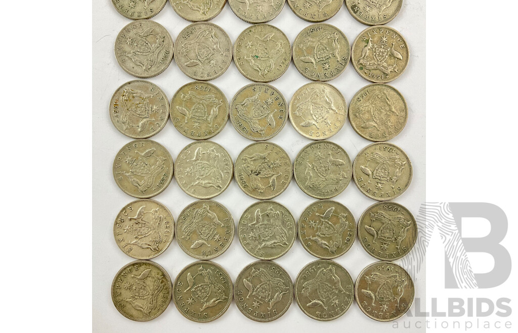 Forty Australian KGVI/QE2 Silver Sixpence, Examples Spanning 1950 to 1962  .500