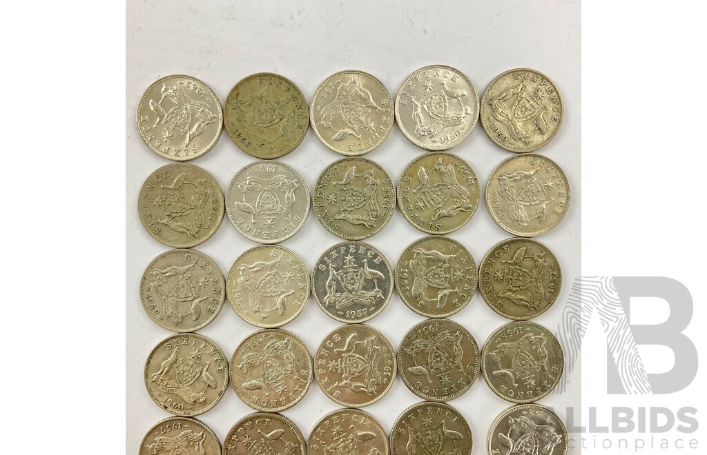 Thirty Australian KGVI/QE2 Silver Sixpence, Examples Spanning 1946 to 1962  .500