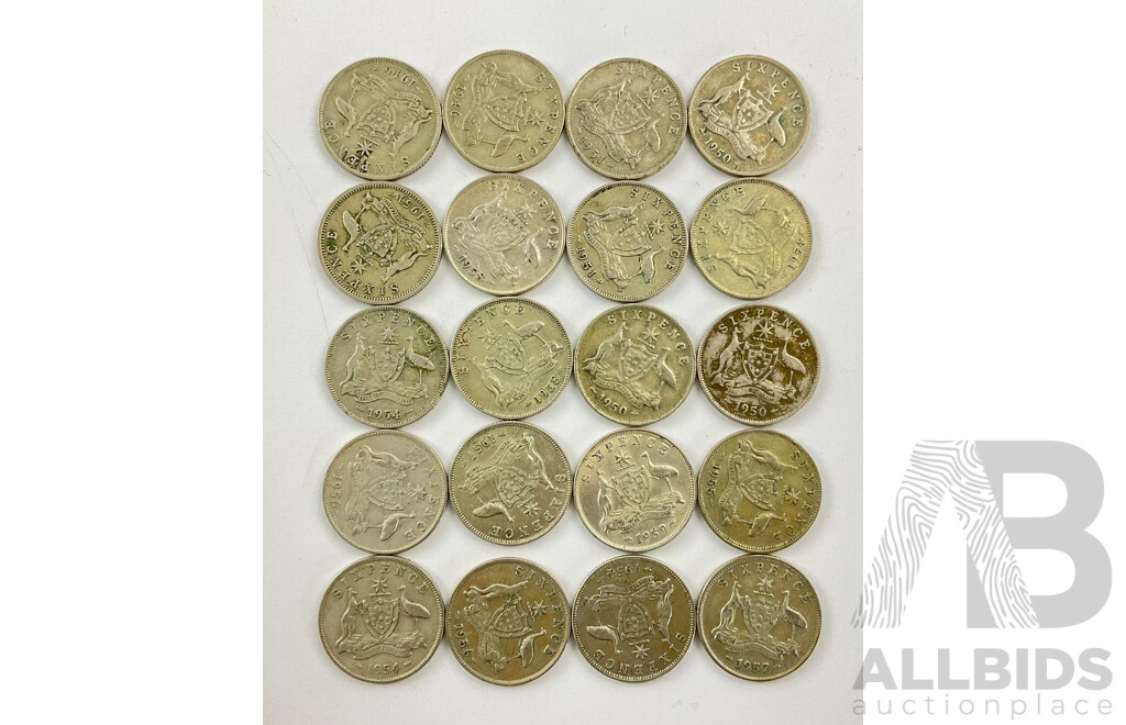 Twenty Australian KGVI/QE2 Silver Sixpence, Examples Spanning 1946 to 1959 .500