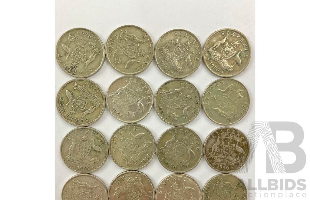 Twenty Australian KGVI/QE2 Silver Sixpence, Examples Spanning 1946 to 1959 .500