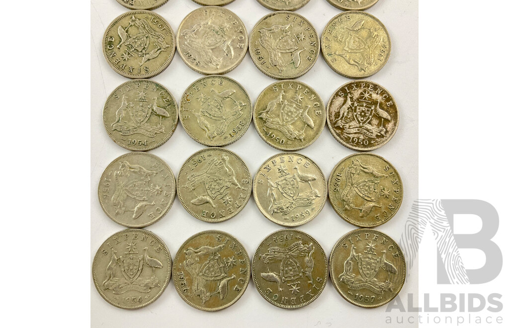 Twenty Australian KGVI/QE2 Silver Sixpence, Examples Spanning 1946 to 1959 .500