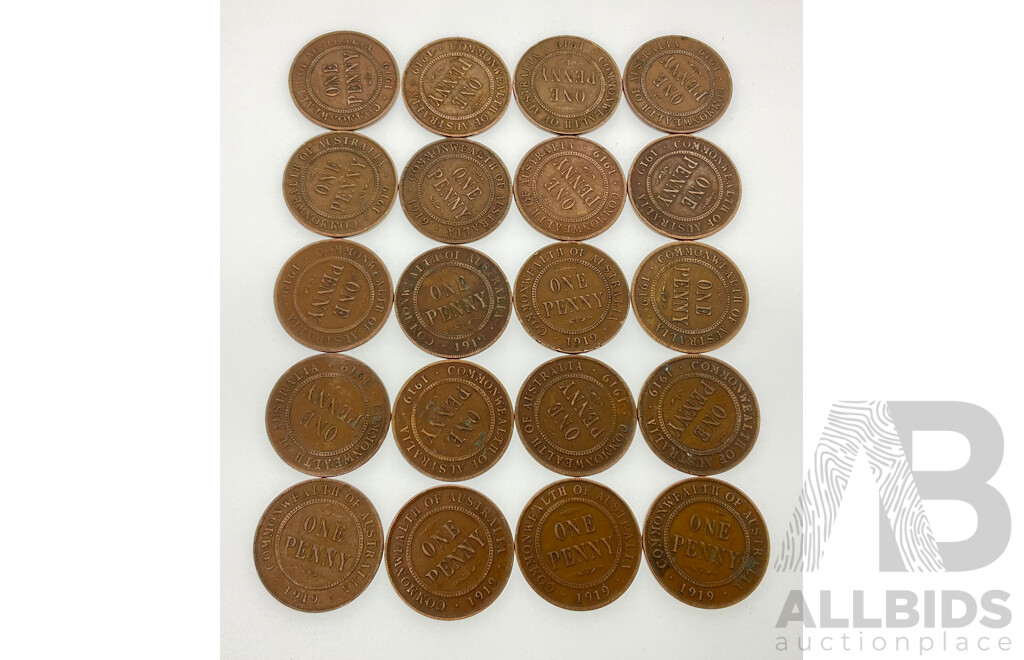 Twenty Australian KGV 1919 Pennies Including Four Melbourne Mint