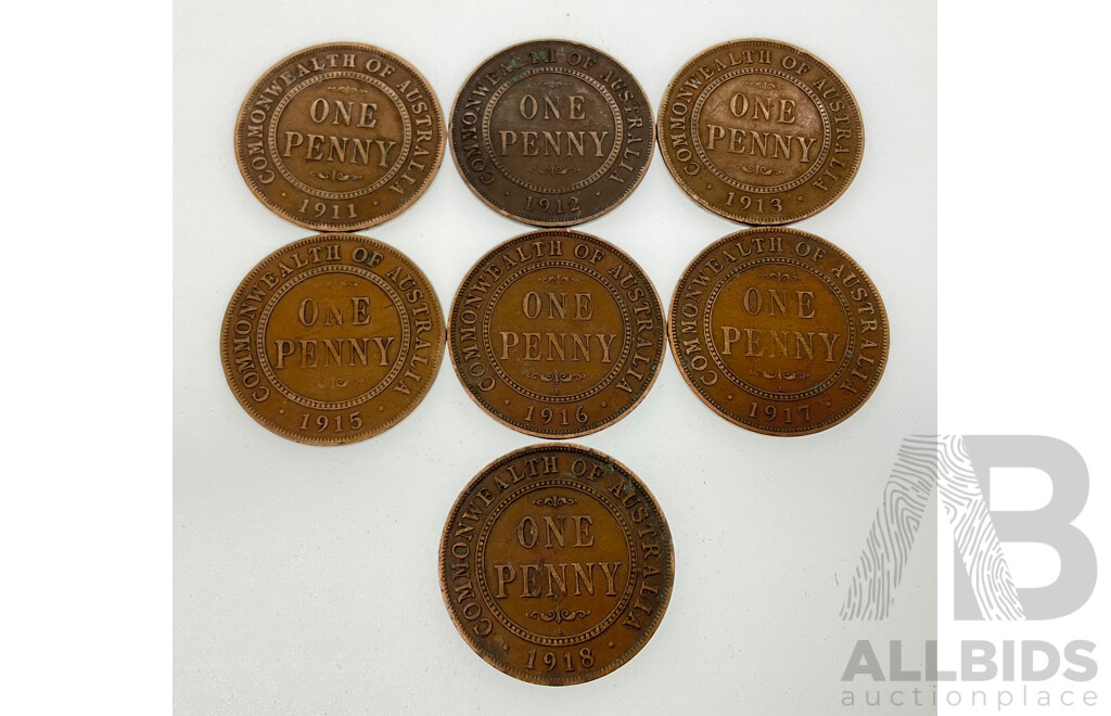 Seven Australian KGV Pennies Including 1911, 1912, 1913, 1915, 1916I, 1917I, 1918I
