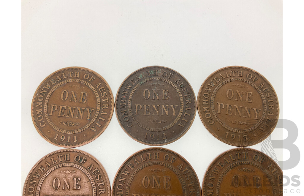 Seven Australian KGV Pennies Including 1911, 1912, 1913, 1915, 1916I, 1917I, 1918I