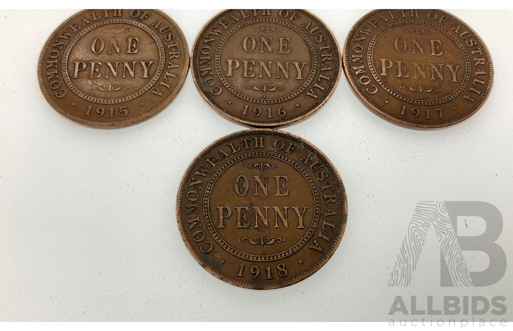 Seven Australian KGV Pennies Including 1911, 1912, 1913, 1915, 1916I, 1917I, 1918I