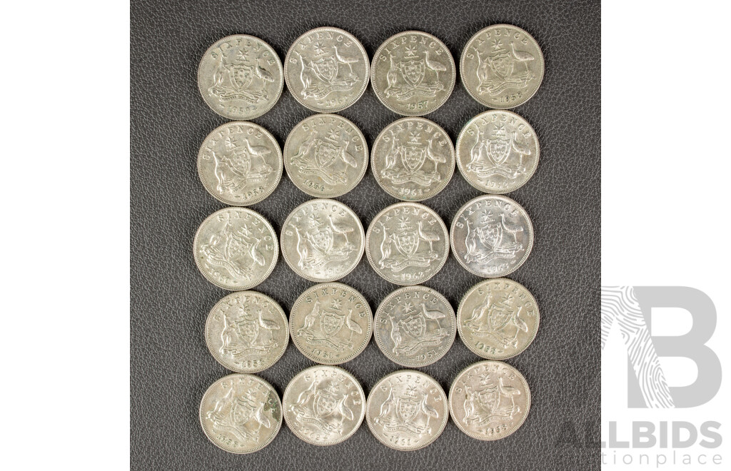 Twenty Australian KGVI/QE2 Silver Sixpence, Examples Spanning 1951 to 1963 .500