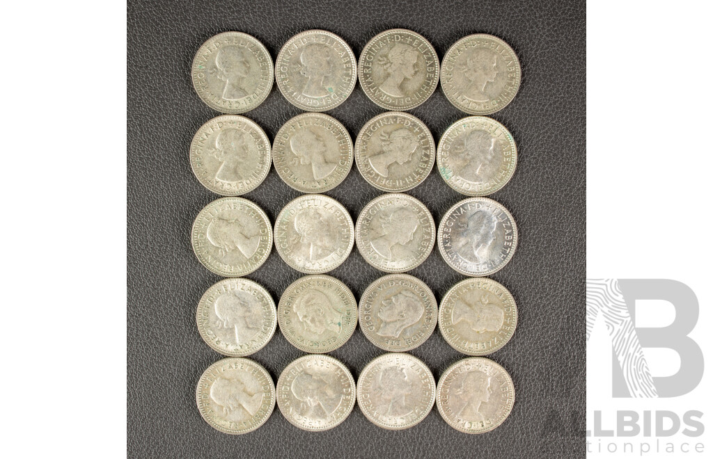 Twenty Australian KGVI/QE2 Silver Sixpence, Examples Spanning 1951 to 1963 .500