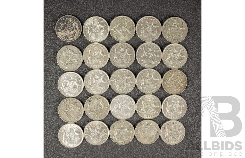 Twenty Five Australian KGVI/QE2 Silver Sixpence, Examples Spanning 1948 to 1963  .500